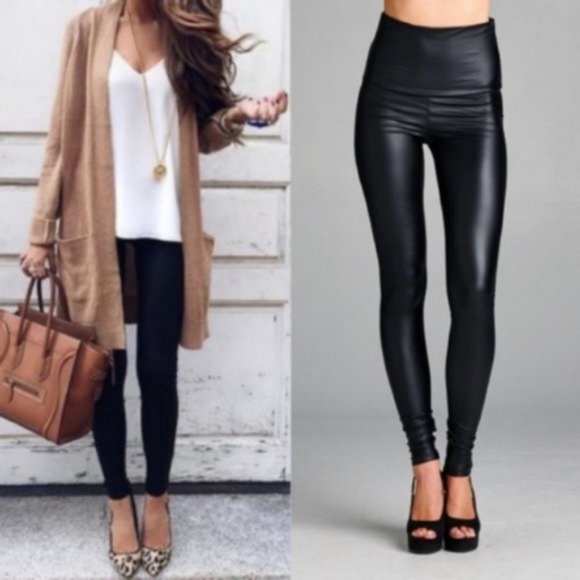 Pants - Black Faux Leather High Waist Leggings